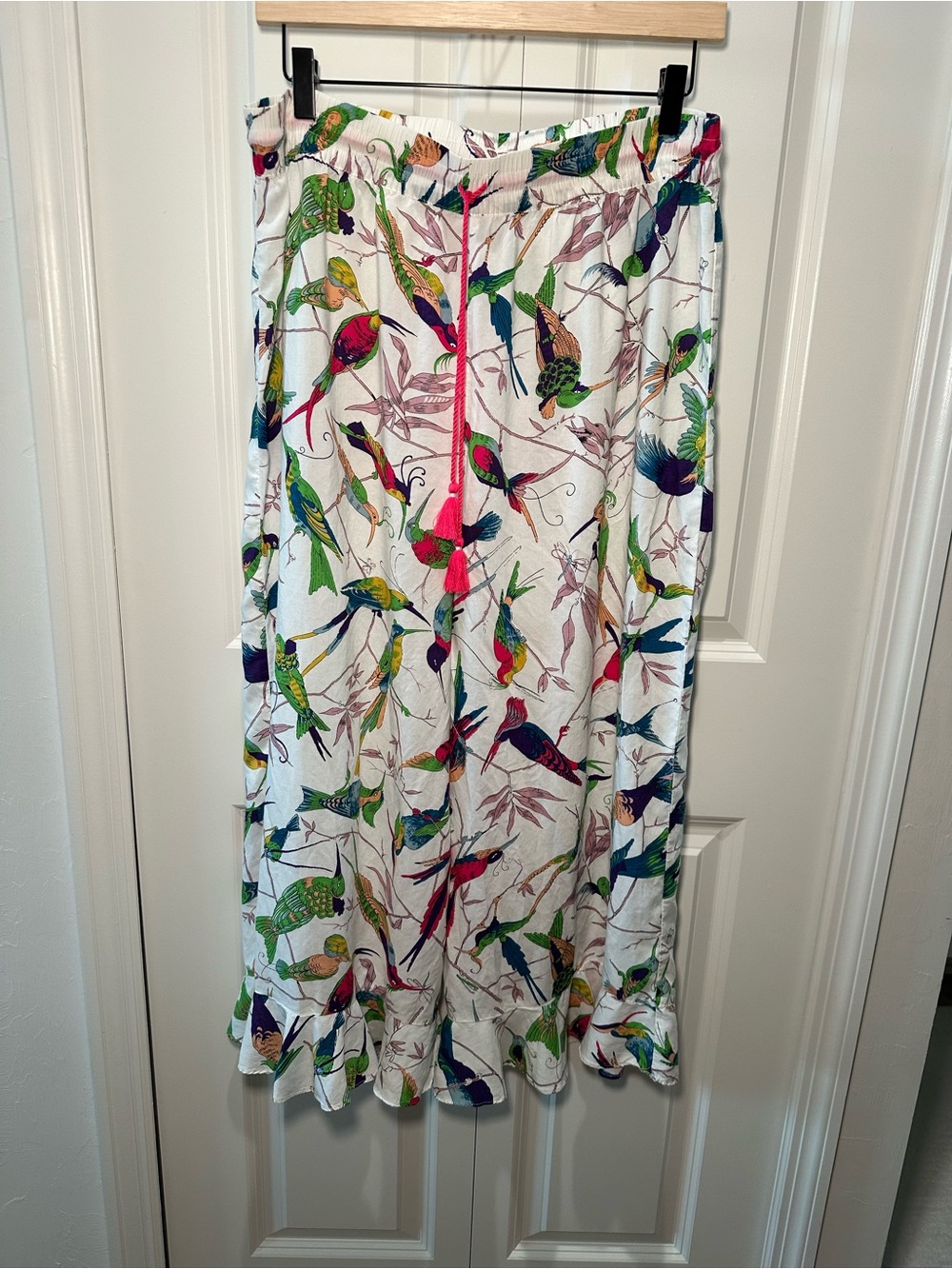 Anthropologie White Floral Wide Leg Pants Boho Chic Size L